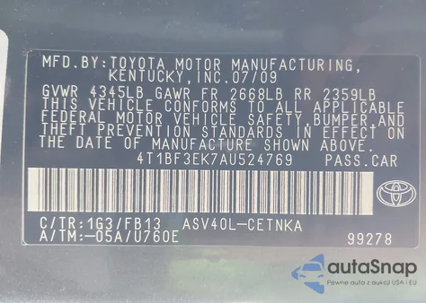 2010 Toyota Camry Le z USA, uszkodzony, nr VIN 4T1BF3EK7AU524769